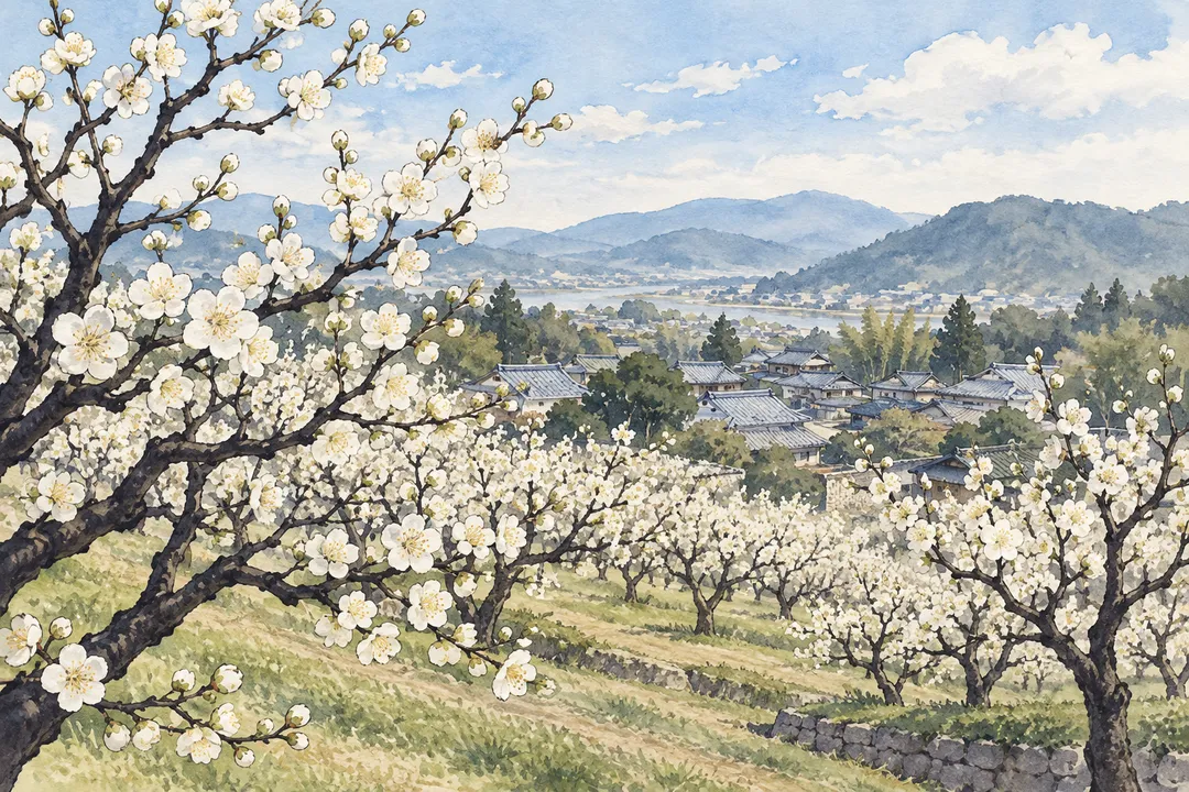 城陽の梅林と白い梅の花をモチーフにしたイラスト