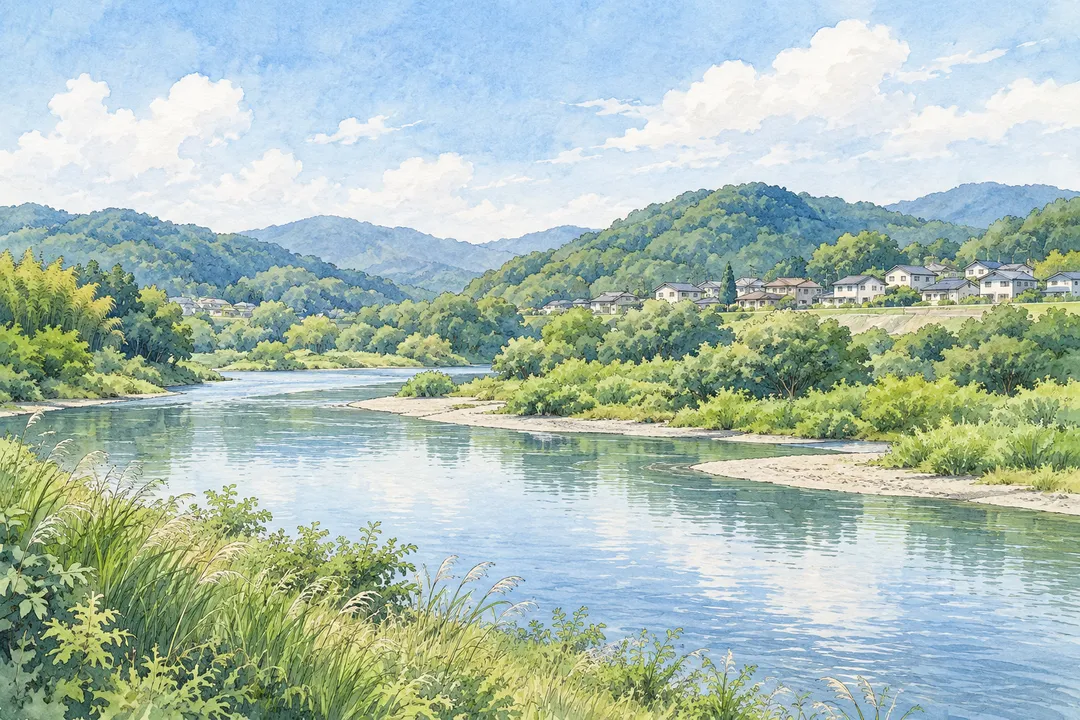 木津川の川辺と住宅地をモチーフにしたイラスト