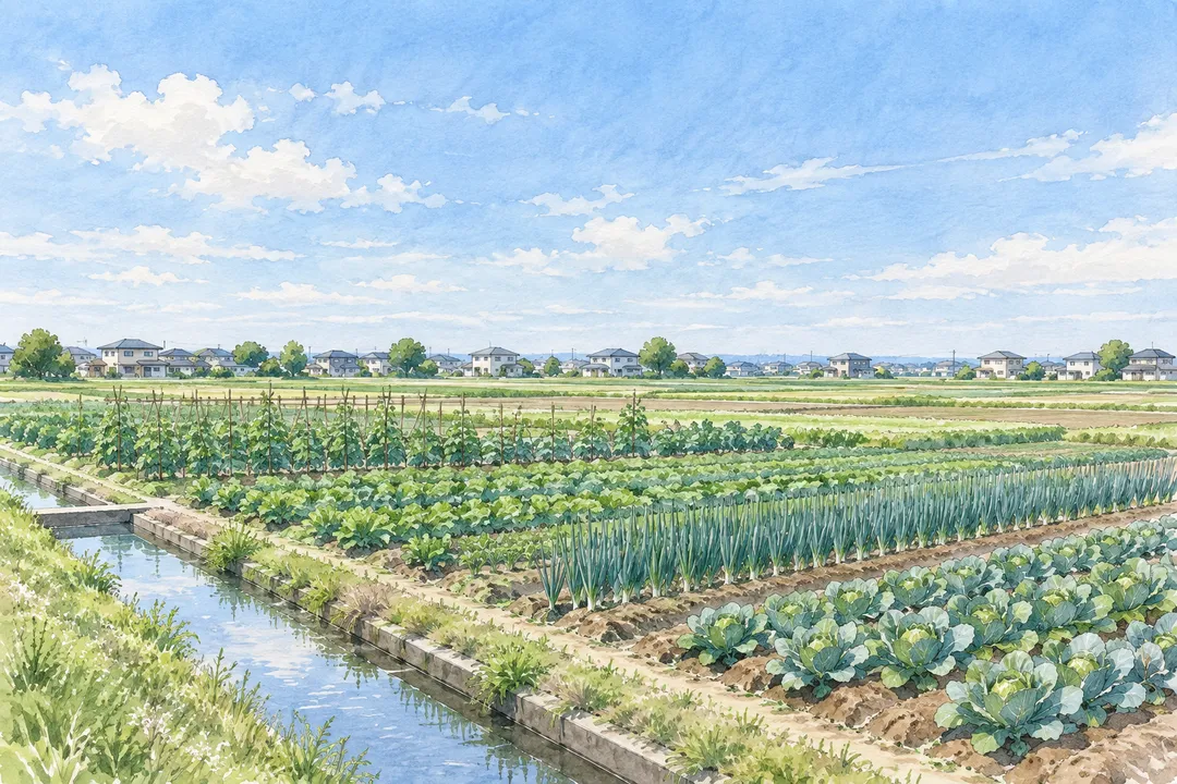 久御山の平野と畑、住宅地をモチーフにしたイラスト
