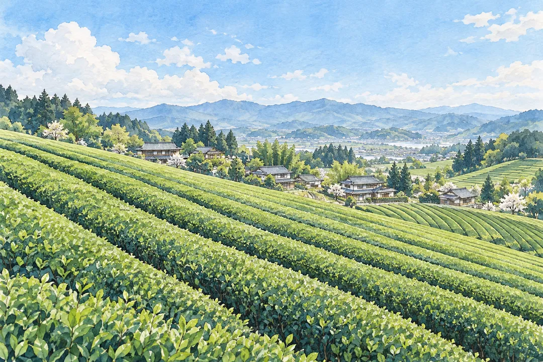 京田辺の茶畑と丘陵をモチーフにしたイラスト
