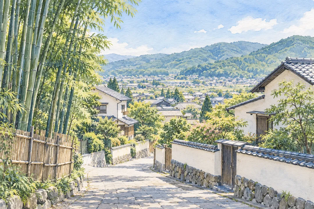 長岡京の竹林と山裾の住宅街をモチーフにしたイラスト