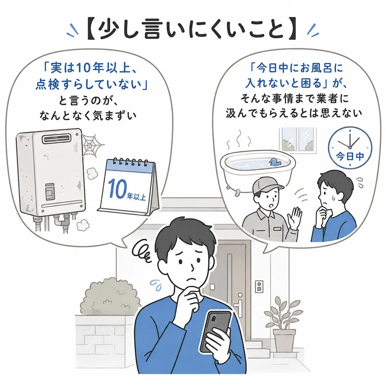 【少し言いにくいこと】「実は10年以上、点検すらしていない」と言うのが、なんとなく気まずい。今日中にお風呂に入れないと困るが、そんな事情まで業者に汲んでもらえるとは思えない。