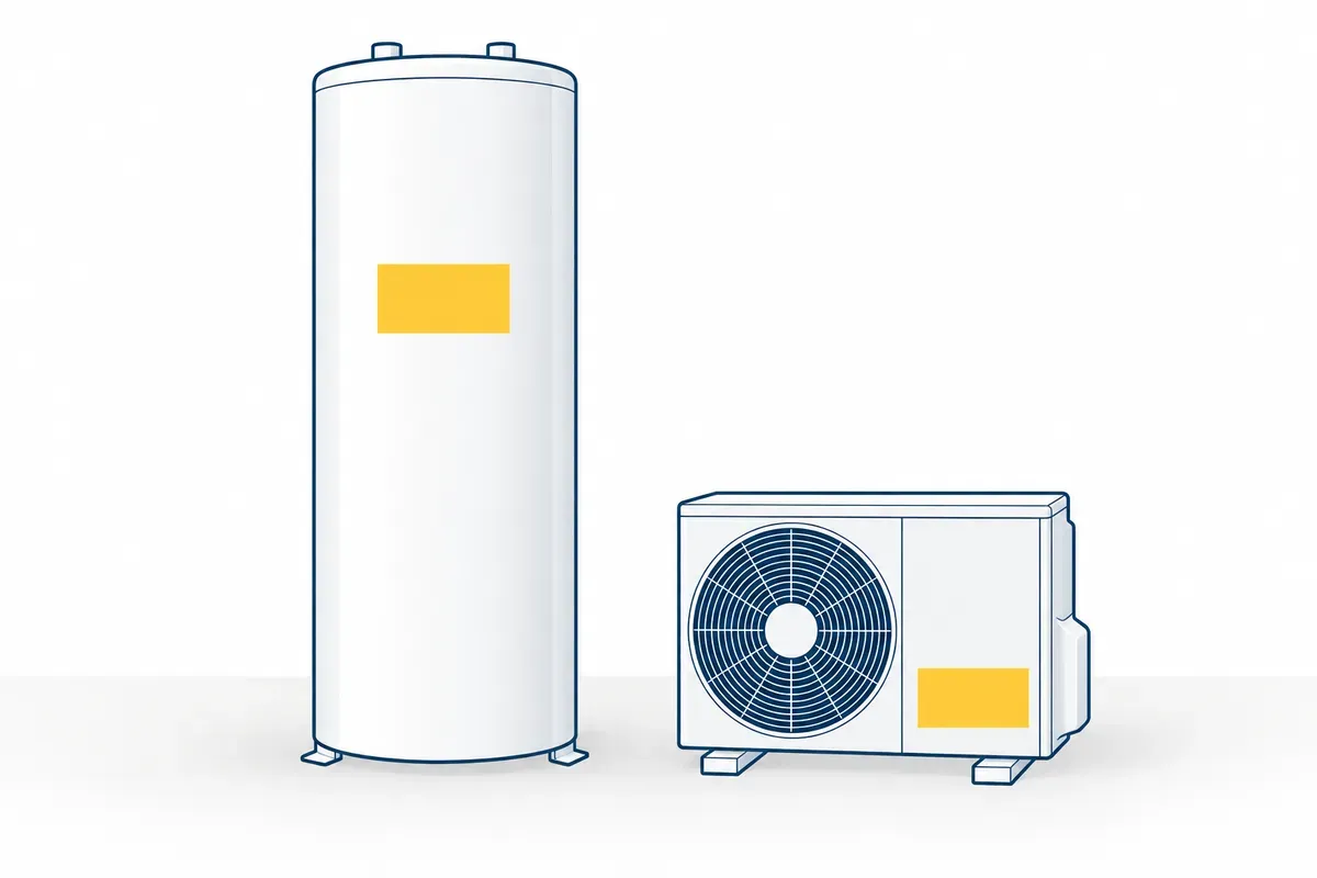 白い円筒形の貯湯タンク（左）と、ファン付きのヒートポンプユニット（右）が並ぶエコキュートのイラスト。タンク正面の中央と、ヒートポンプユニット正面の右下に、銘板を示す黄色の四角がある