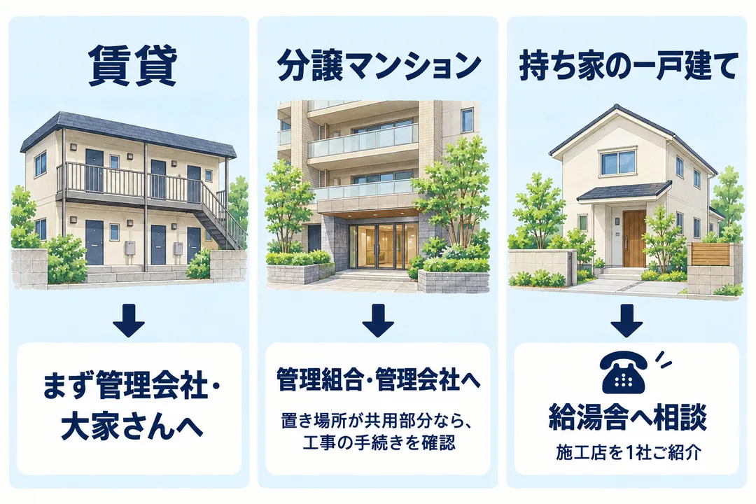 賃貸はまず管理会社・大家さんへ。分譲マンションは置き場所が共用部分なら管理組合・管理会社へ工事の手続きを確認。持ち家の一戸建ては給湯舎へ相談し、施工店を1社紹介する図解