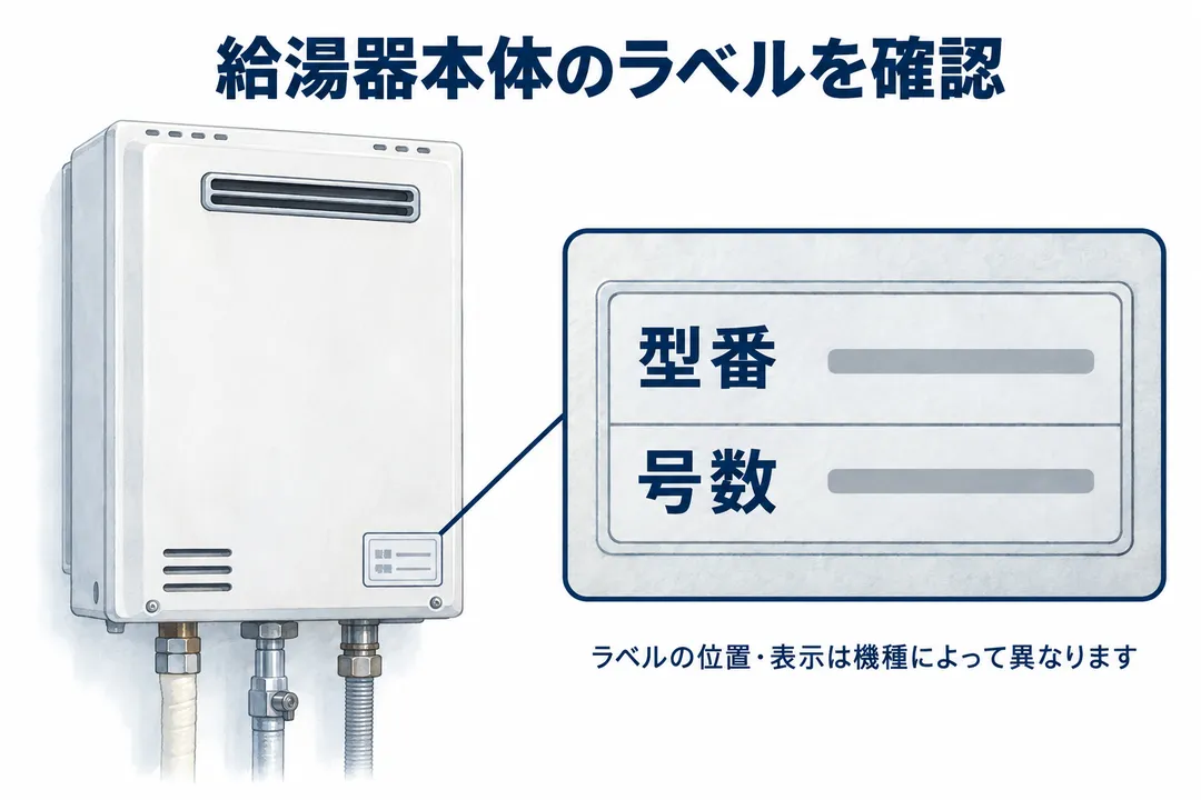 給湯器本体に貼られたラベルで型番と号数を確認する図解。ラベルの位置・表示は機種によって異なります